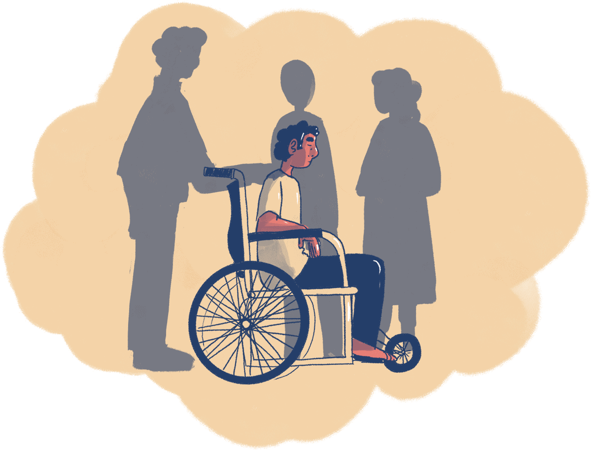 A young man in a wheelchair, who looks sad, feeling the absence of his friends and support system. This is represented by three semi-transparent silhouettes standing around him.