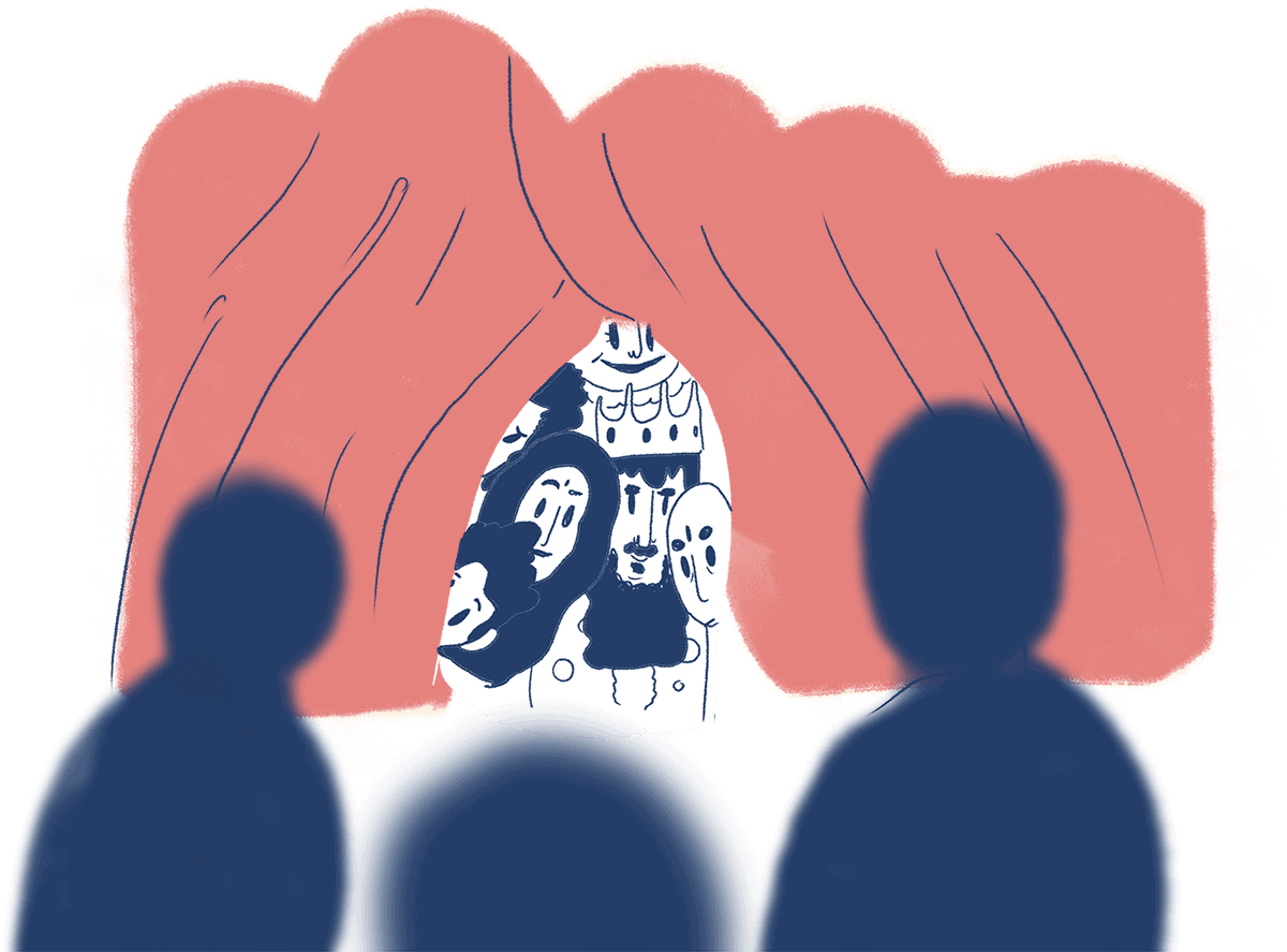 There is a partly open, red stage curtain. From behind it, several faces are peeking out. They all look like they're wearing theatre constumes, one of them has a big beard and crown. There are three dark blue silhouettes watching them.