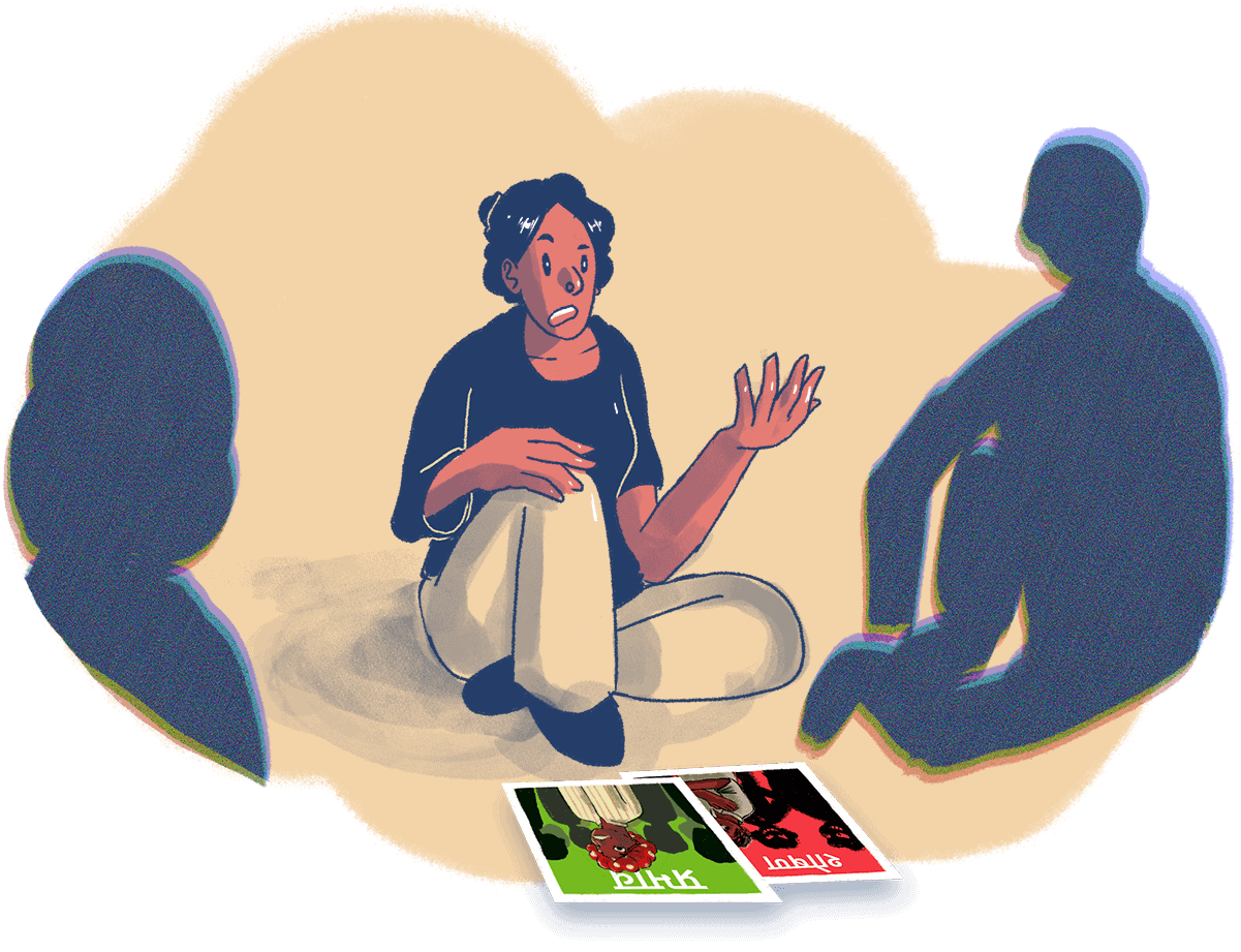 A person is sitting on the floor with their knees crossed. They are talking seriously. Two dark blue silhouettes are sitting facing them. The silhouettes have a bit of static to depict that they are a virtual audience. There are two pamphlets on the floor, one green, one red.
